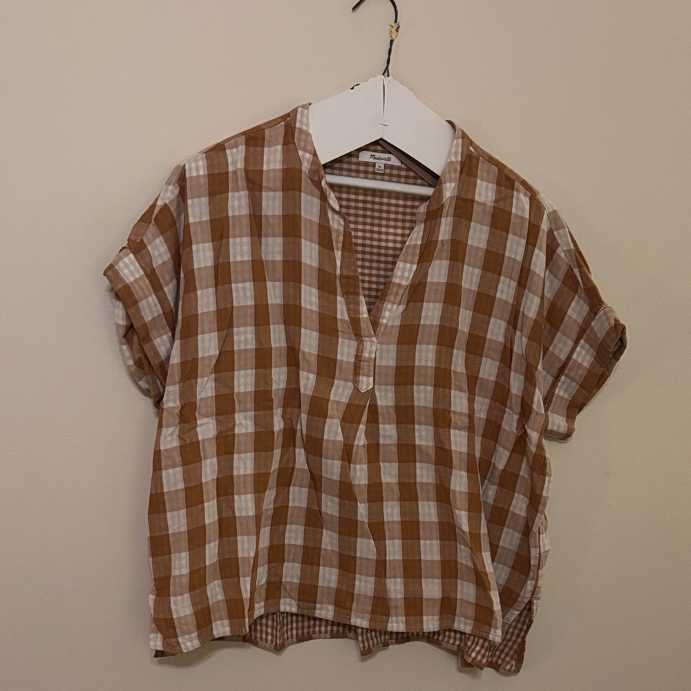 Madewell Brown and White Gingham Pullover Top XL